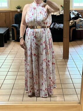 1. State White Halter Maxi jumpsuit with colorful flowers Accents